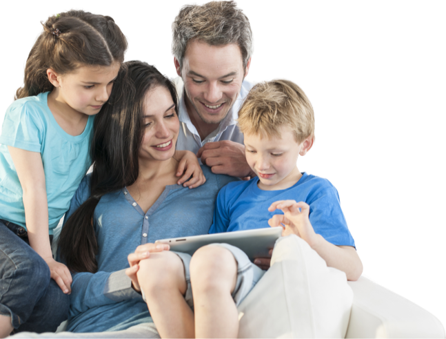 A family looking at a tablet together